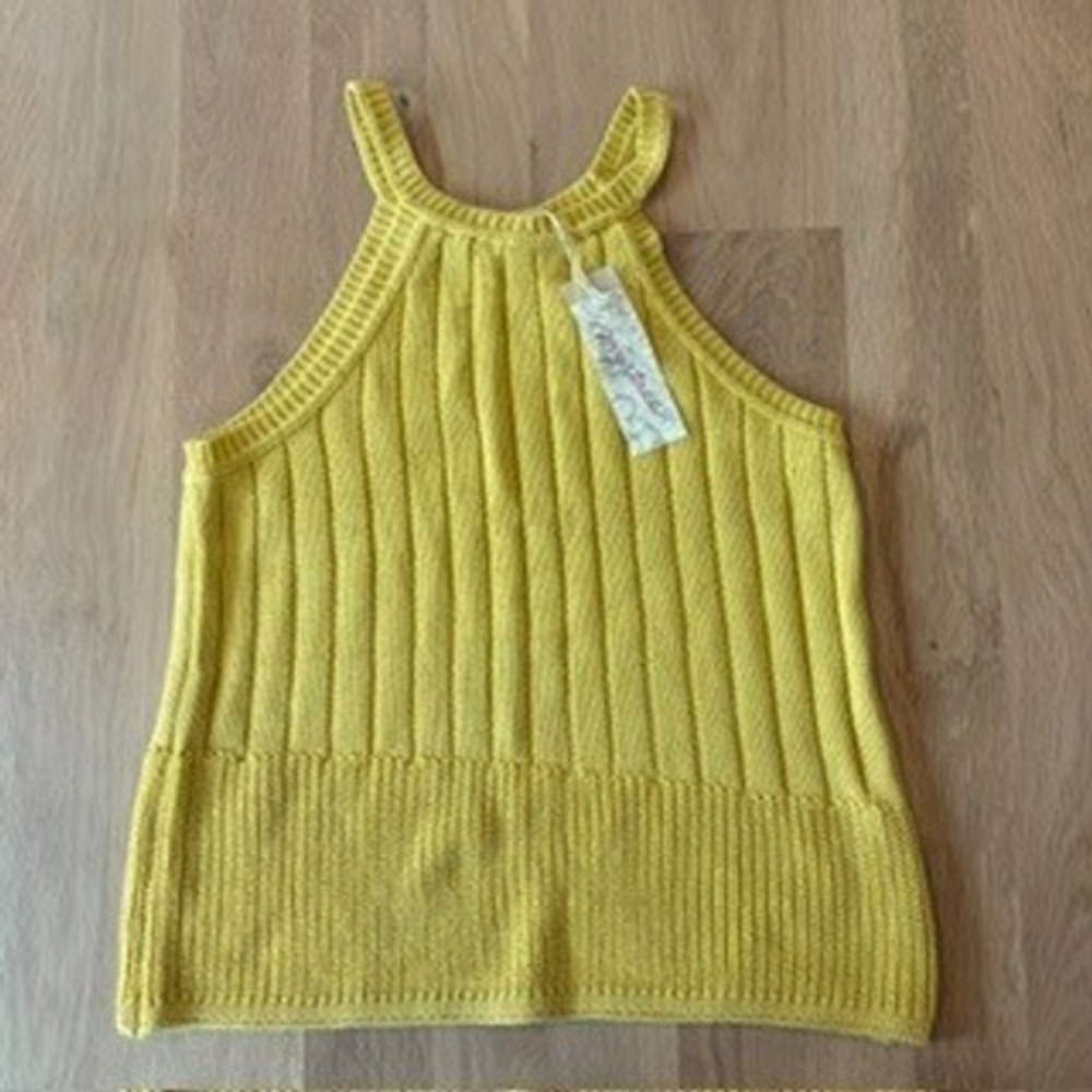 Mystree Yellow Ribbed Knit Halter Tank Top Sweater Boho 90s Cottagecore - Read